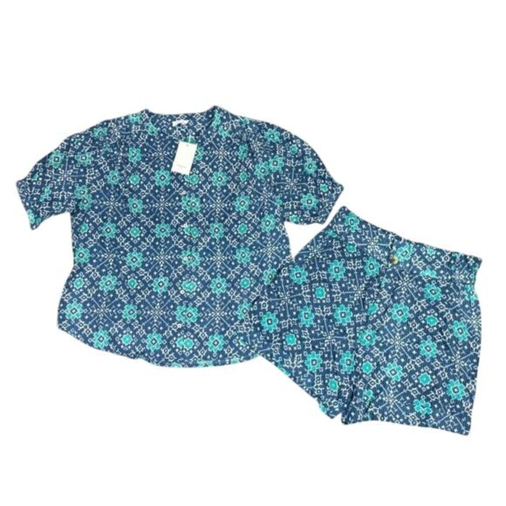 NWT Garance Paris Blue Cotton‎ 2pc Set Women's L Top & Shorts Boho Summer Outfit